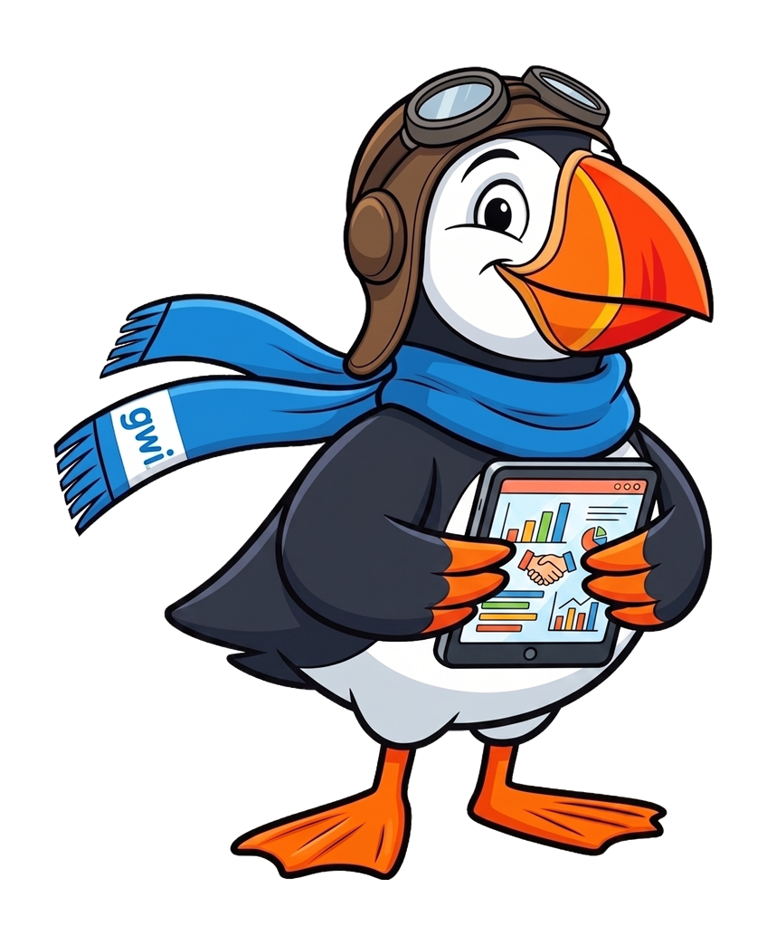 GWI puffin mascot holding a tablet showing business charts