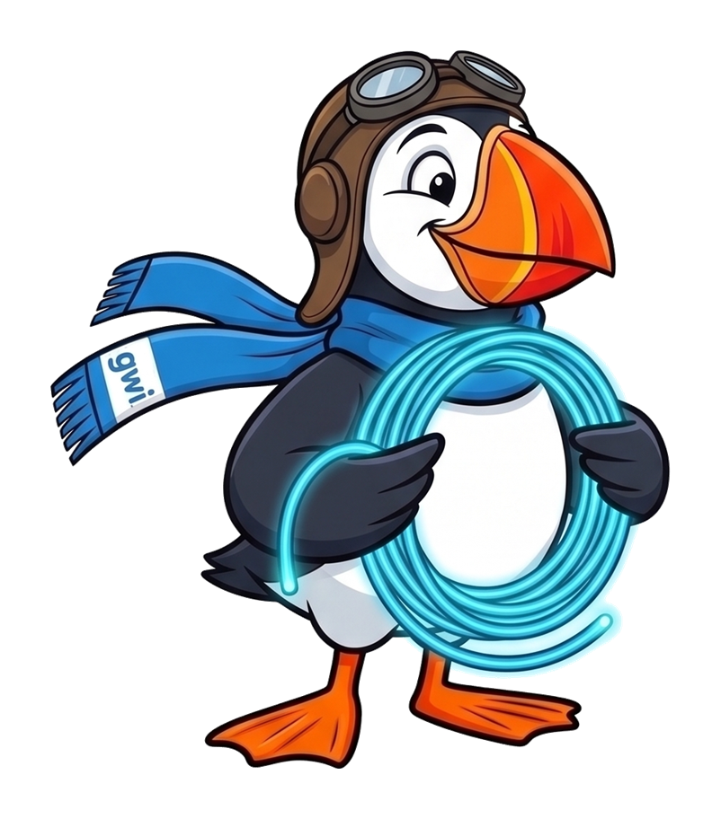 GWI puffin mascot holding a coil of fiber optic cable