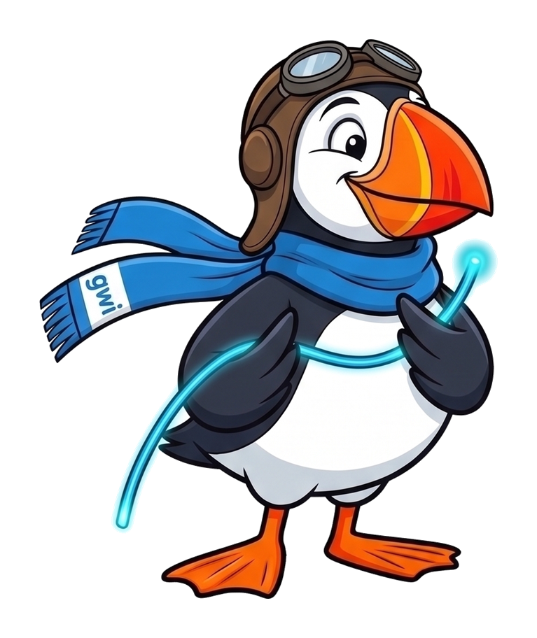 GWI puffin mascot holding a glowing strand of fiber optic cable